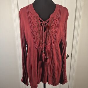 Artesia Deep Burgundy Rust Lace-Up Boho Tunic Top Size L – Flowy Peasant V-Neck